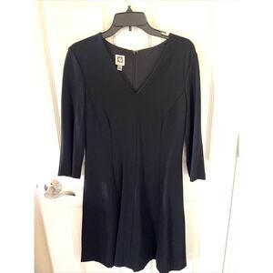 Anne Klein 3/4 Long Sleeve VNeck Stretch Black Flare Bottom Dress Size 6